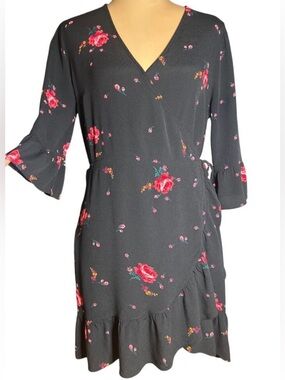 Gap Floral Ruffle Wrap Dress black Floral L Whimsigoth Dark Romantic Summer boho